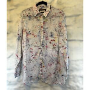 Art to Wear Linen Sz 18 Gerry Weber Watercolor Floral Linen Button Up Blouse